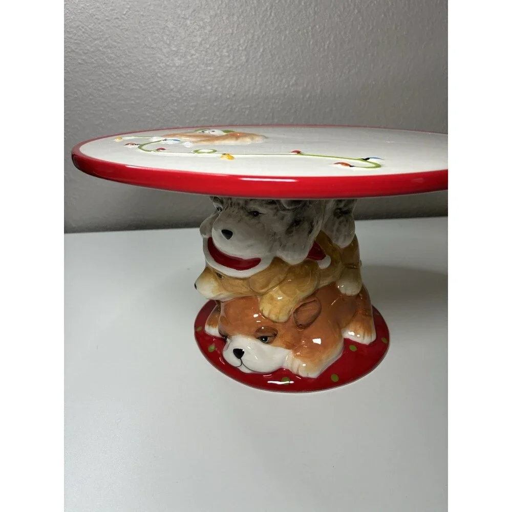 PIER 1 CAKE PLATE STACKED DOGS CHRISTMAS Park Ave. Puppies -Retired